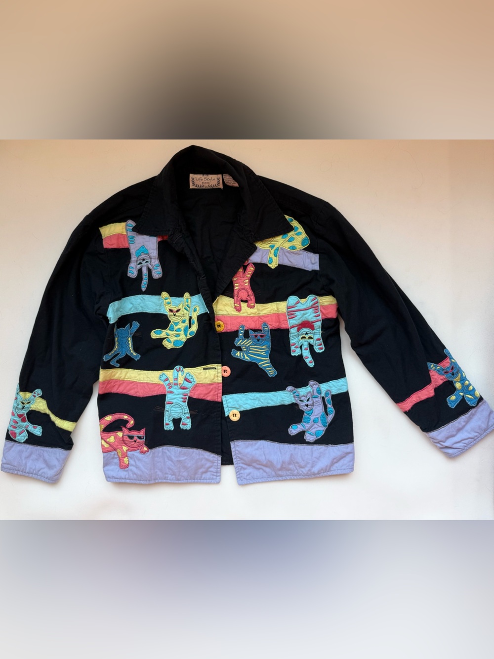 Vintage Life Style Colorful Embroidered Cat Light Jacket Size Petite Small
